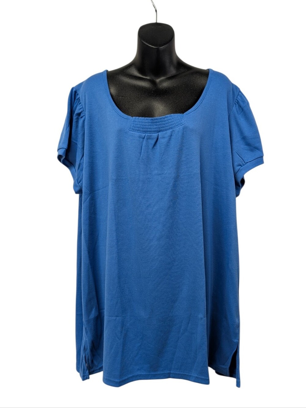 Roaman's Womens Blue Solid Scoop Neck Pleated Knit Short Sleeve T-Shirt Plus 2X